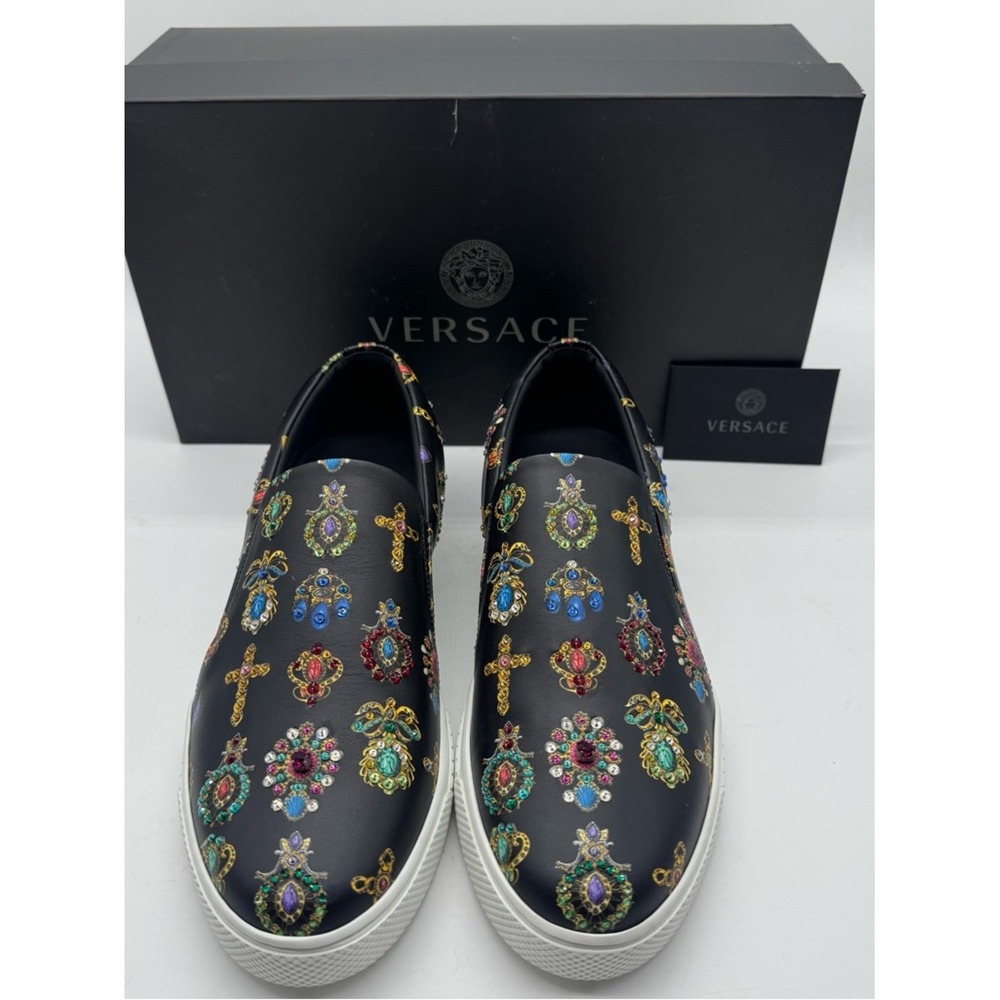 Versace Mens Black Bejeweled Crown Cross Leather Slip On Sneakers Greek Key Sole